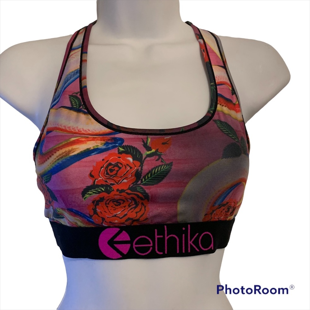 Ethika XS optical bloom sports bra snake roses hot pink racer back unlined